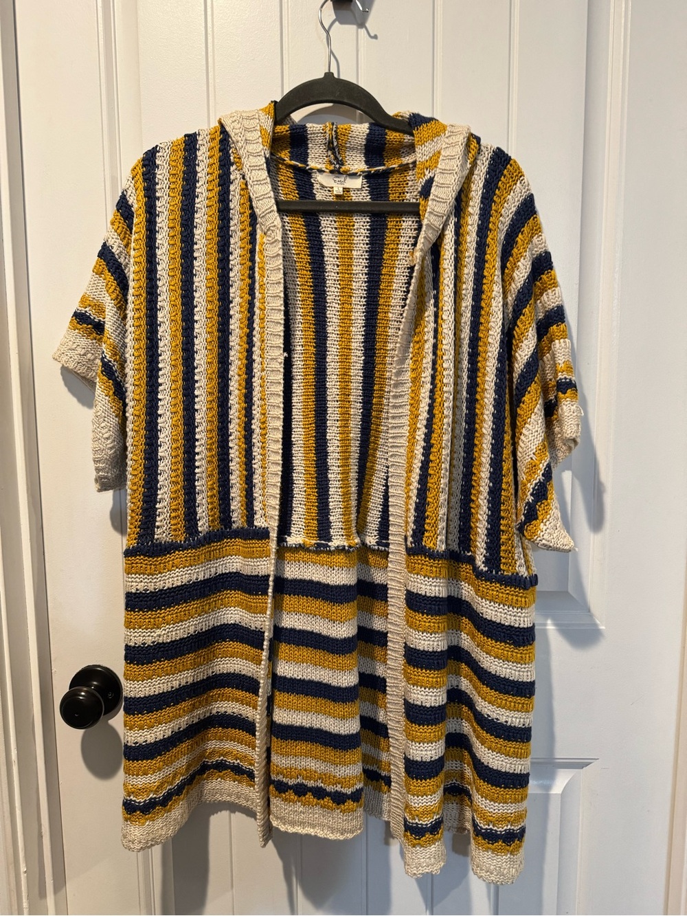 Easel Striped Hooded Open-Front Cardigan in Navy, Mustard & Cream Large